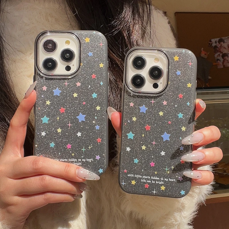 Fashion Colorful Stars Bling Glitter Back Phone Case For iPhone 16 Pro Max 15 13 14 Shockproof Cover Shell