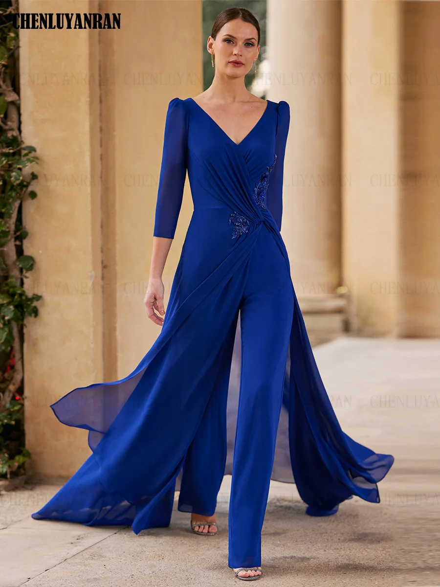 

Simple Mother of the Bride Dresses 2023 Jumpsuit Chiffon Pleated Wedding Guest Gowns Pantsuit Applique Dress Women For Wedding