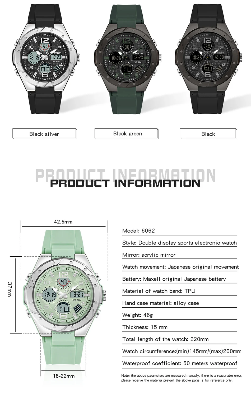 Womens Quartz Watch Womens Watch Women Watches SANDA Analog-Digital Unisex Wristwatch Fashion Resin Bandwatch Luminous Stop 6062 for Women
