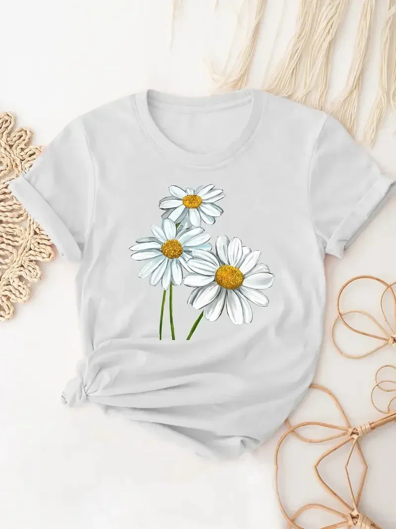 

Cute Daisy Print T-Shirt for Women Casual Female Short Sleeve Crew Neck Casual Top for All Season Women's Clothing Womans Tee