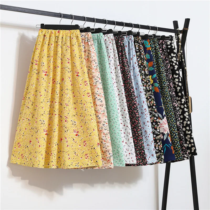 High-waist Floral Women's Skirt Chiffon Big Swing A-line Long Summer Skirt Femel Clothes satin midi skirt