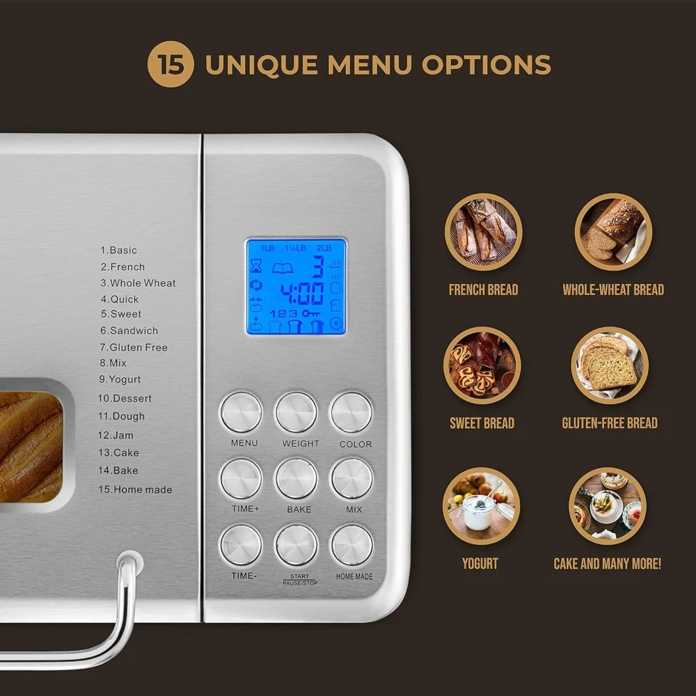 Bread Maker, 2 Lb. With 17 Menu Options, Automatic Fruit & Nut Dispenser & 6 Accessories, Multi-Functional Bread Maker 3