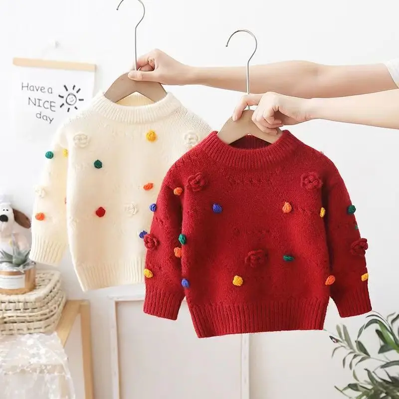 

1-6Y Girls' Knitted Sweater 2024 New Korean Fashion 3D Round Neck Sweater Children's Baby Autumn/Winter Pullover Top