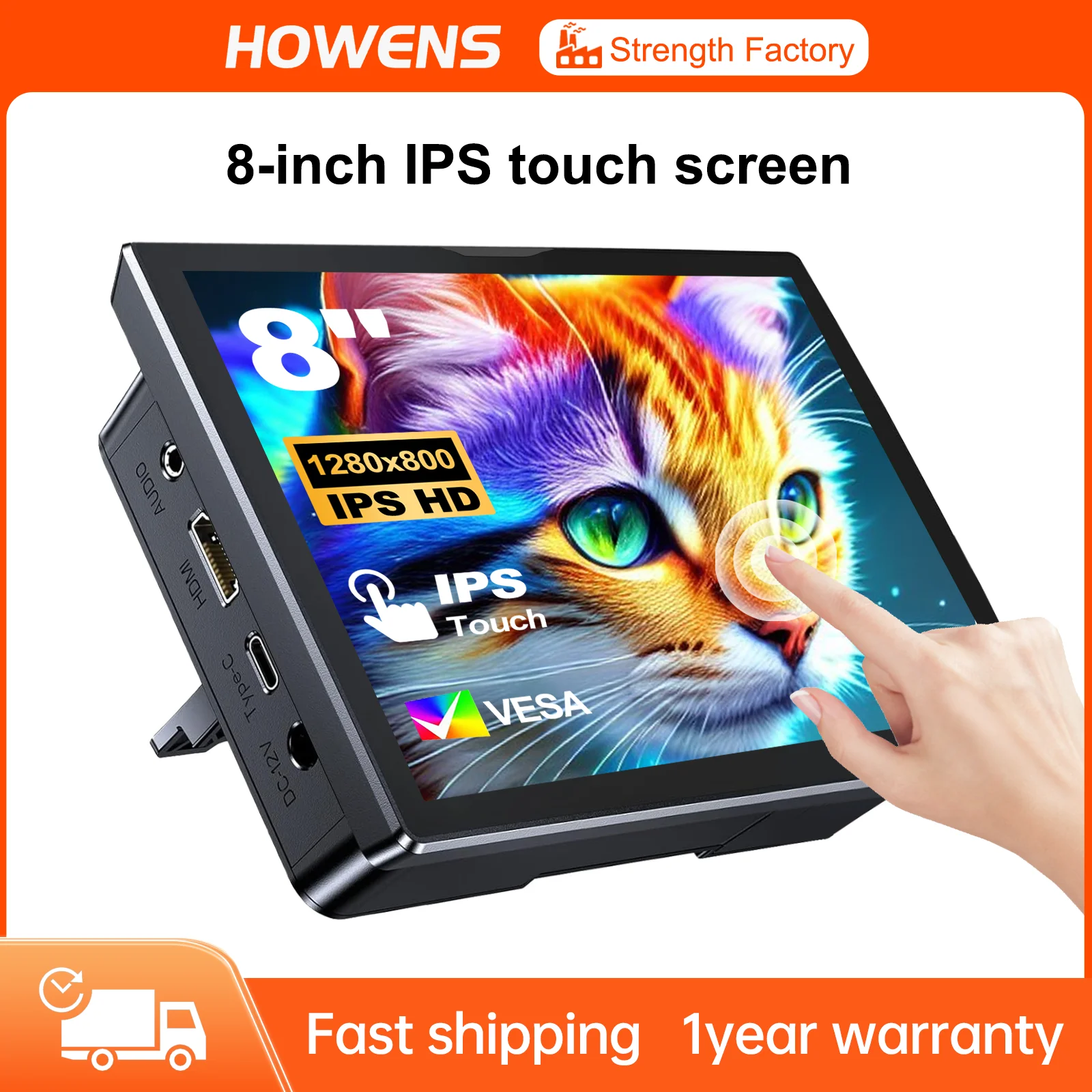 하우엔스 8인치 터치 모니터 디스플레이 1280x800 HDMI IPS 모니터 내장 스피커 팬 60Hz 휴대폰 노트북 게임용 스..