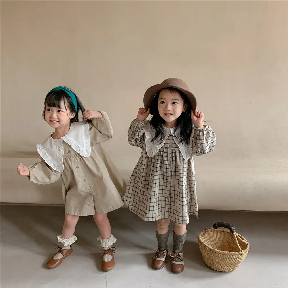 Baby Girls Dress Casual Plaid Clothes Summer Korean Cotton Linen Girls Princess Dress Big Turn Down Collar princess costume girls dress