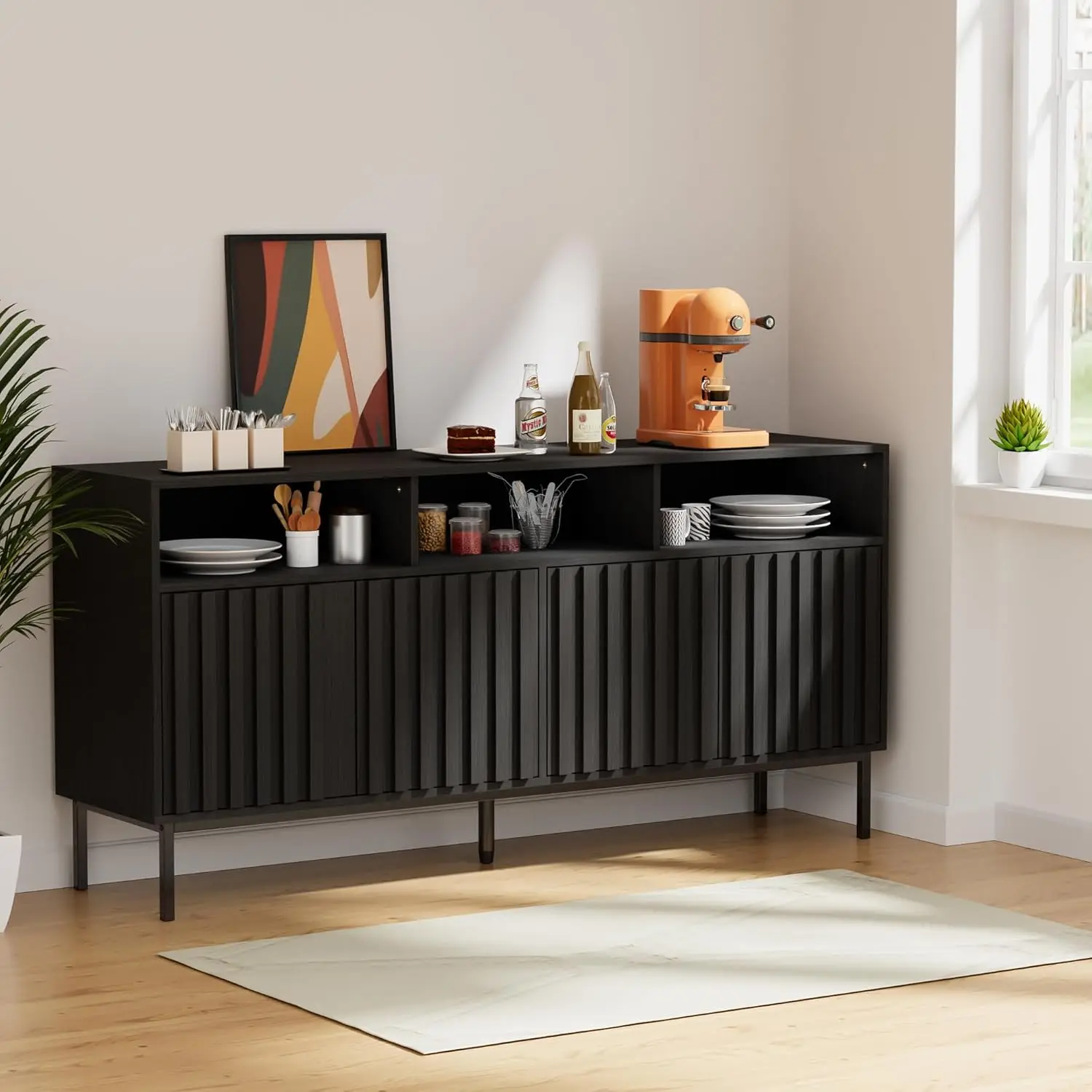 Buffet Cabinet with Storage, 61.4'' Fluted Sideboard,Wood Buffet with Metal Legs 4 Doors and Spacious Top(Black)