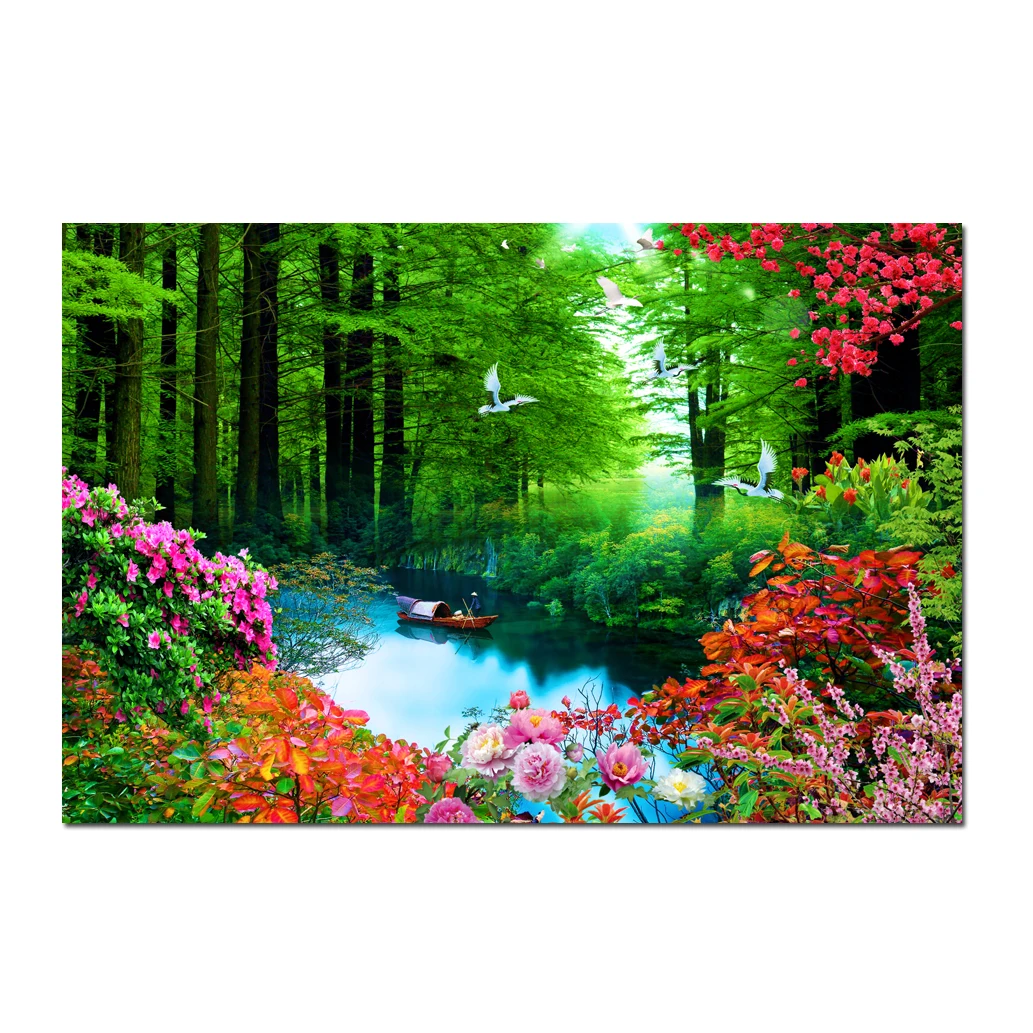 

Natural Green Forest Waterfall Landscape Flowers Painting Posters Canvas Prints Picture Wall Art Living Room Home Decor HYS1082