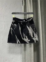 Black Gray Tie Dye Denim Short Skirt High Waist Personalized Pattern Denim Skirt Fringed A-line Skirt Fashion Versatile Skirt - Image 4