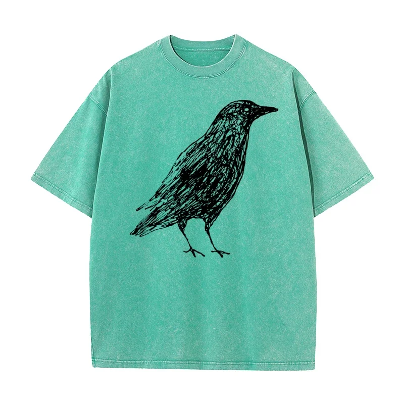 Sketch Bird Graphic Crew Neck Washed Tshirts Mother Day Tees Short Sleeve Classic 100% Cotton Funny Washed Tees Outdoor Adult