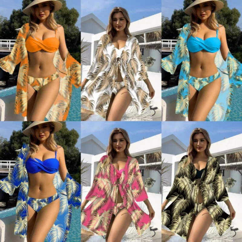 2024New Bikini Three Piece Swimsuit Long Sleeve Sun Protective Blouse Swimsuit