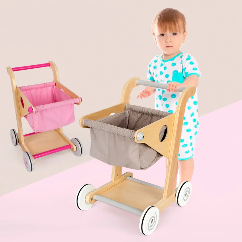 

Wooden Children's Simulation Supermarket Shopping Cart Boy and Girl's Family Wooden Walking Cart Toy Set