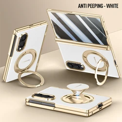 Luxury Magnetic PU Leather Case with Rotating Bracket & Hand Strap, Includes HD Privacy Glass for iPhone Duo (HD Glass - White)