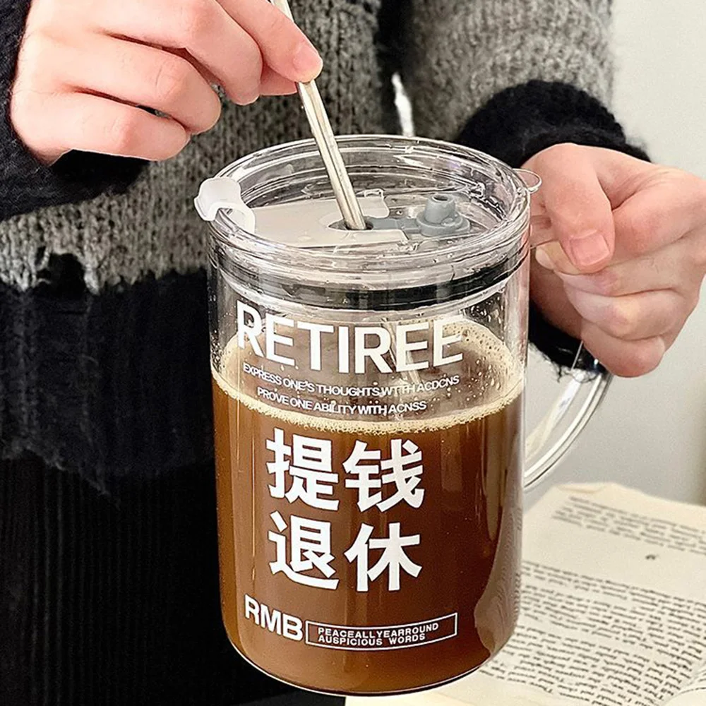 Large Capacity Glass Cup with Lid and Straw Heat-resistant 1000ml Glass Cup Tea Juice Beer Milk Mug for Summer Gift