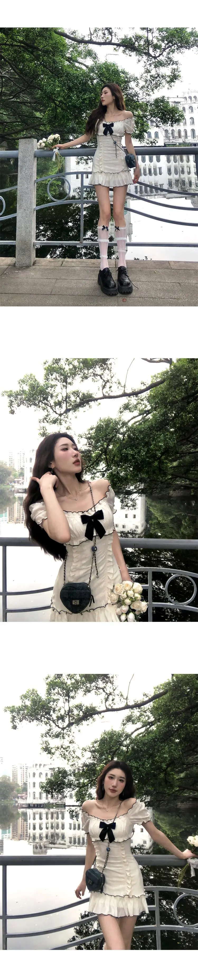 Y2K Ruffles Short Dresses for Women Slim Off Shoulder Puff Sleeve Birthday Party Dress Korean Fashion Summer New Vestidos Mujer