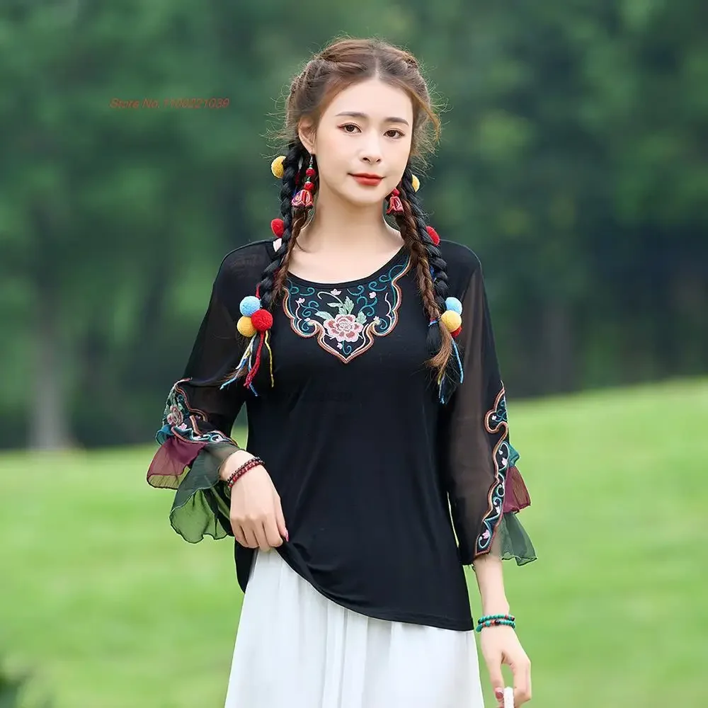 

Традиционная китайская футболка 2023, рубашка с вышивкой в виде национального цветка, винтажные Топы ханьфу, Базовая рубашка для восточного костюма Тан