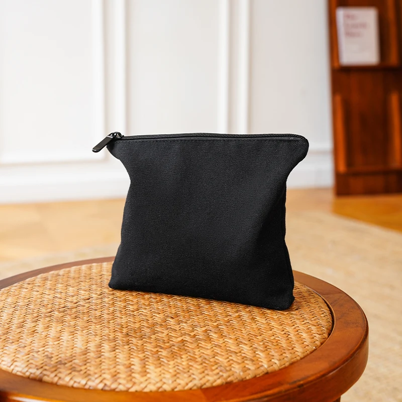 Pure Black Makeup Bag Women's Portable Cosmetic Lipstick Storage Bag Zipper Single Layer Canvas Bag Commuter Toiletry Bag Ins 2