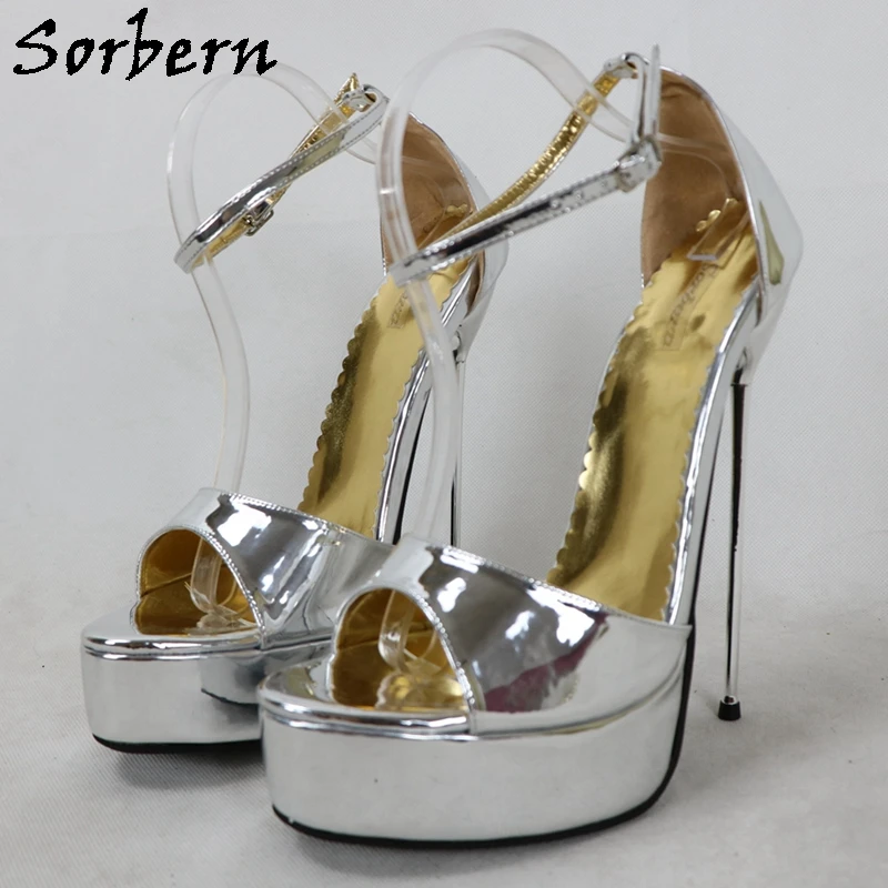 

Sorbern Silver Sandals Women Metal Stilettos 18Cm Sisy Boy Fetish Custom Ankle Strap Open Toe Platform Multi Colors