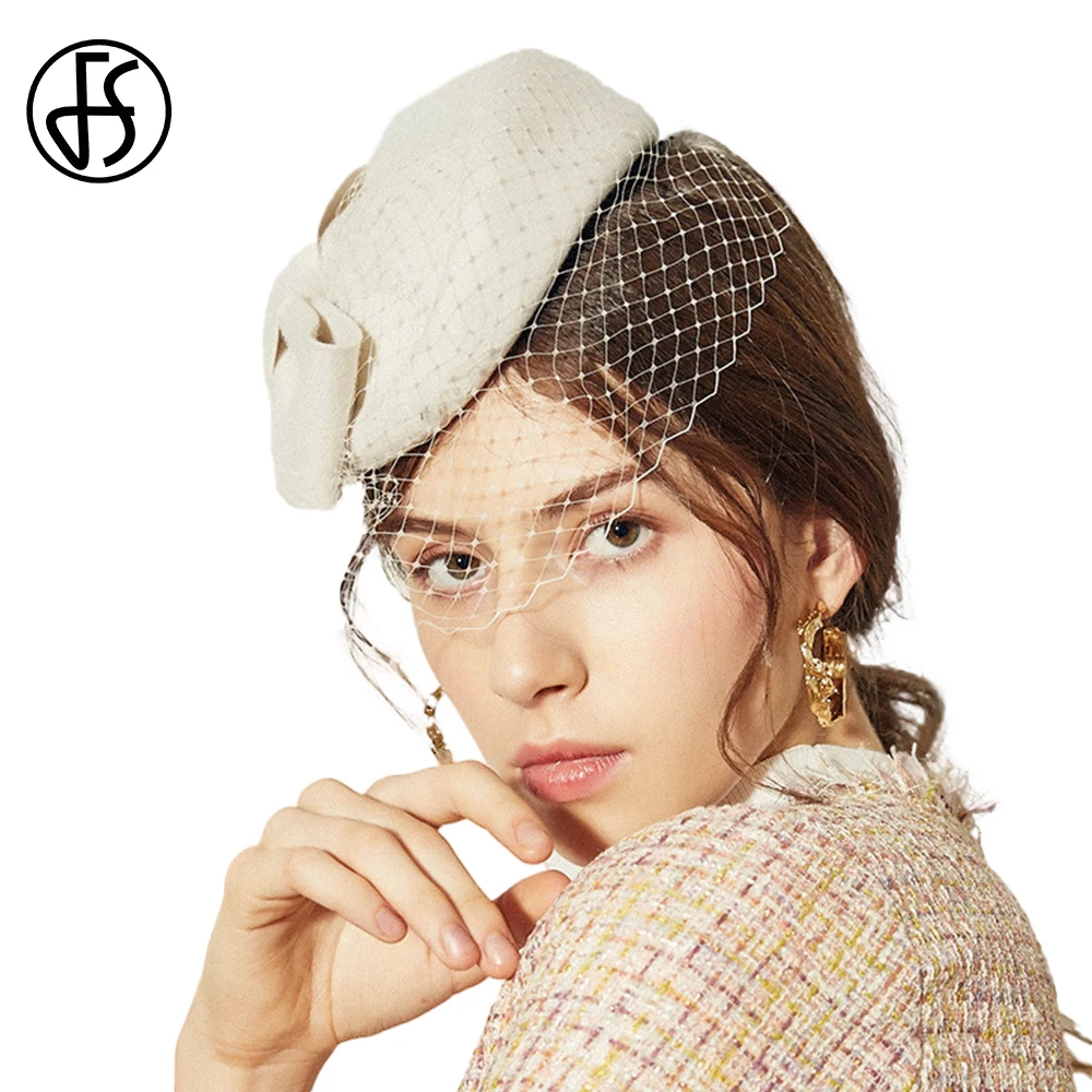 Fs Wool Beret Hats For Women Bride Wedding Bowknot Stewardess Veil Hat