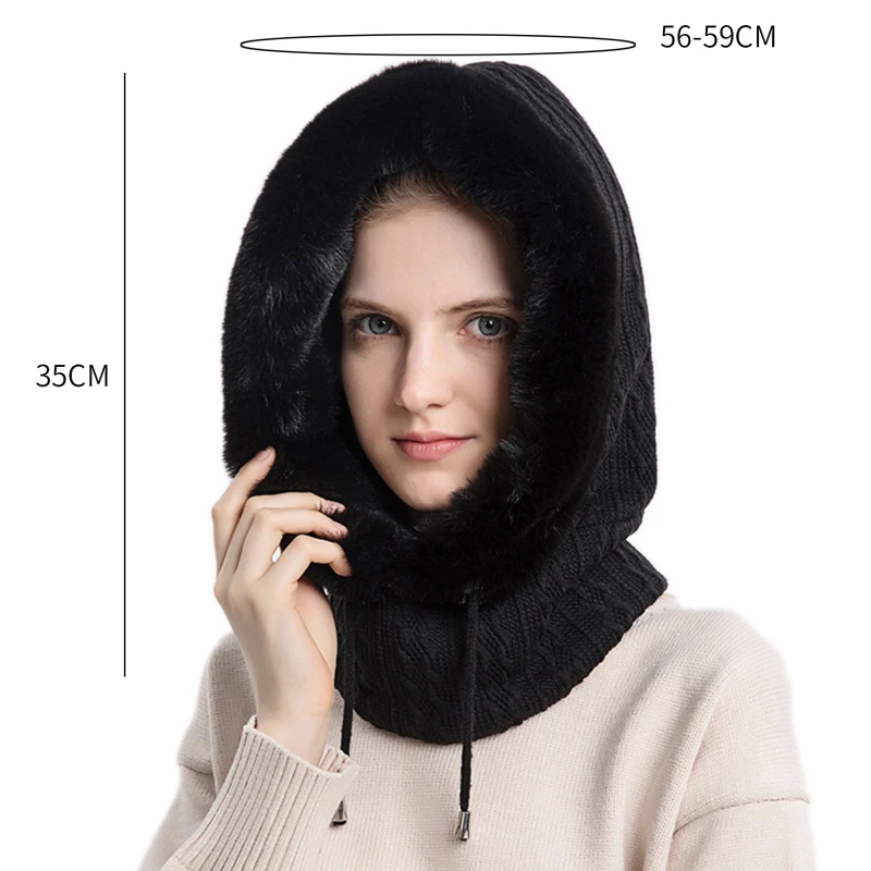 Winter Fur Cap Mask Set Hooded For Women Knitted Cashmere Neck Warm Russia Outdoor Ski Windproof Hat Thick Plush Fluffy Beanies thermal aviator bomber hat