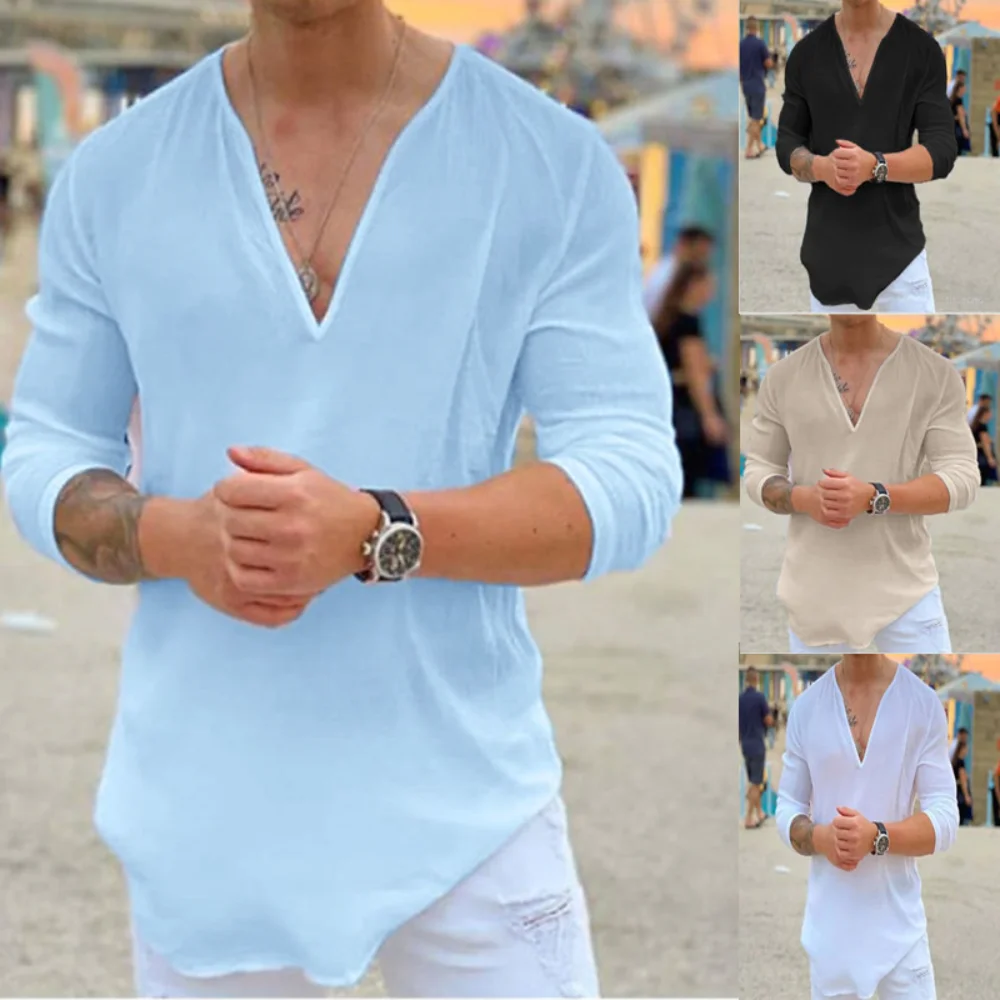 

2023 Men Shirt V neck T shirt Breathable Comfy Solid Color Long Sleeve Loose Casual Blouse Hawaiian Shirt Camisa Masculina