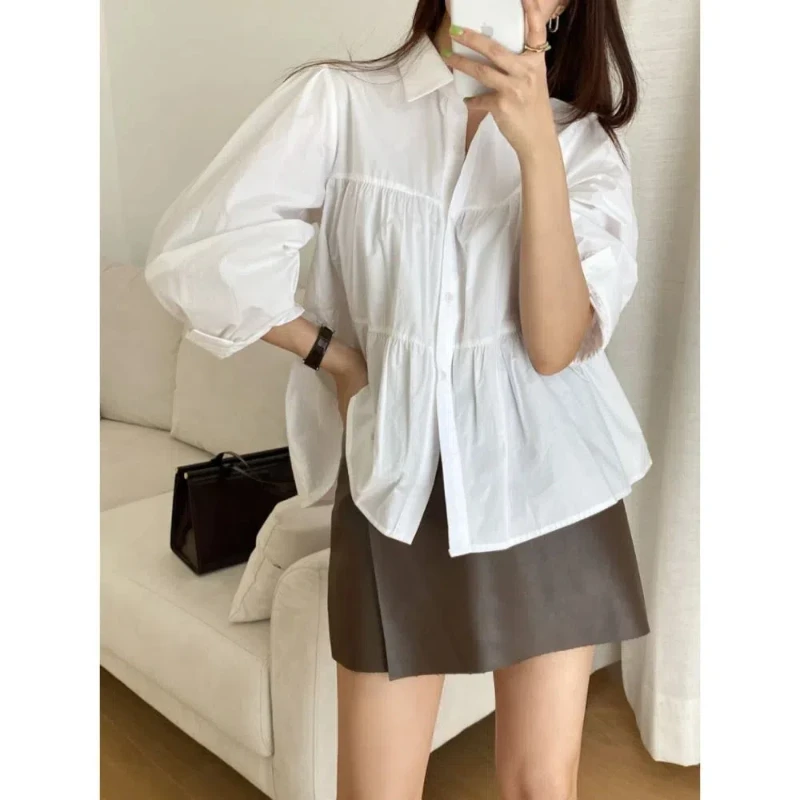 Flip Collar Single Breasted Pleated Patchwork Design Loose Bubble Sleeve Shirt Top for Women 267