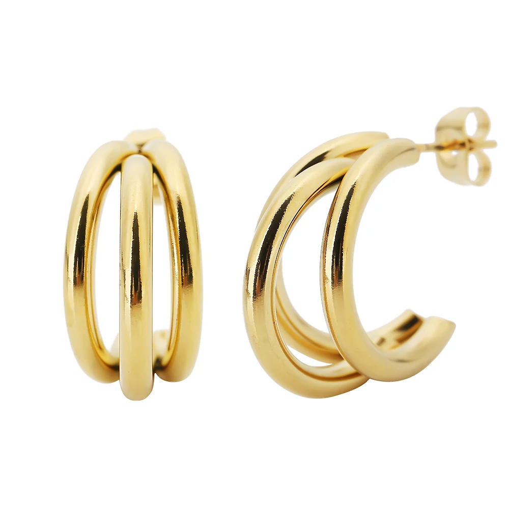 1 Pair 18K Gold Plated Stainless Steel Triple C Hoop Earrings Trendy Exaggerated Huggie Earring Hip Hop Jewelry Gifts for Women 3