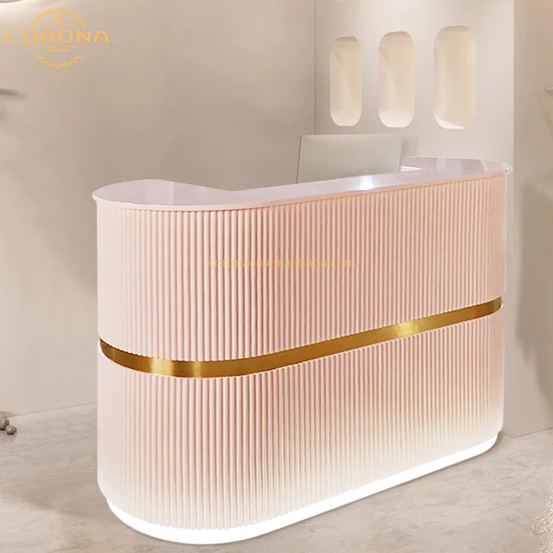 High Quality Half Round Wood Modern Pink Gold Front Reception Desk Beauty Salon