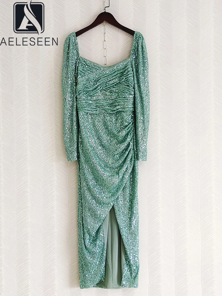 

AELESEEN Women Sexy Sheath Dress 2022 Autumn Long Sleeve V-Neck Luxury Sequined Green Wine Beige Splited Elastic Elegant Party