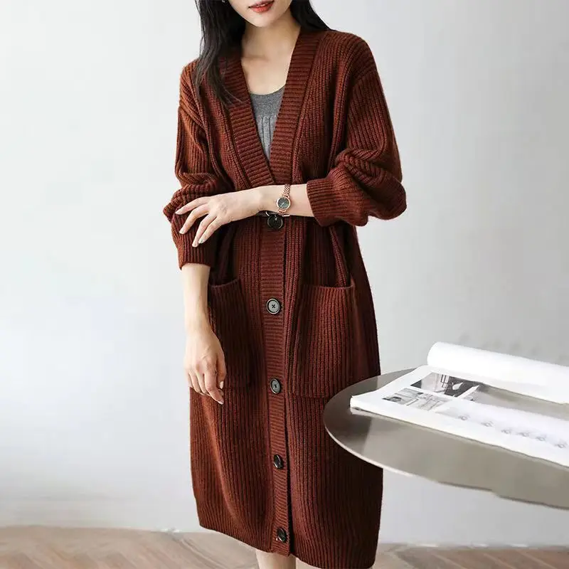 Japanese Medium to Long Knitted Cardigan Jacket for Women in Autumn and Winter Retro Loose and Thick Knit Sweater for Outerwear