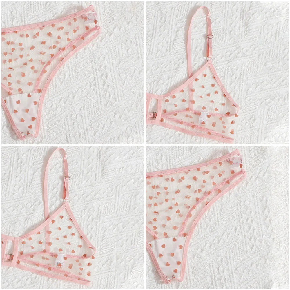 Women Sexy Sheer Lingerie Set Ultra-thin Mesh See-through Erotic Underwear Heart Shape Cute Bra Set Cute Seamless Nightwear