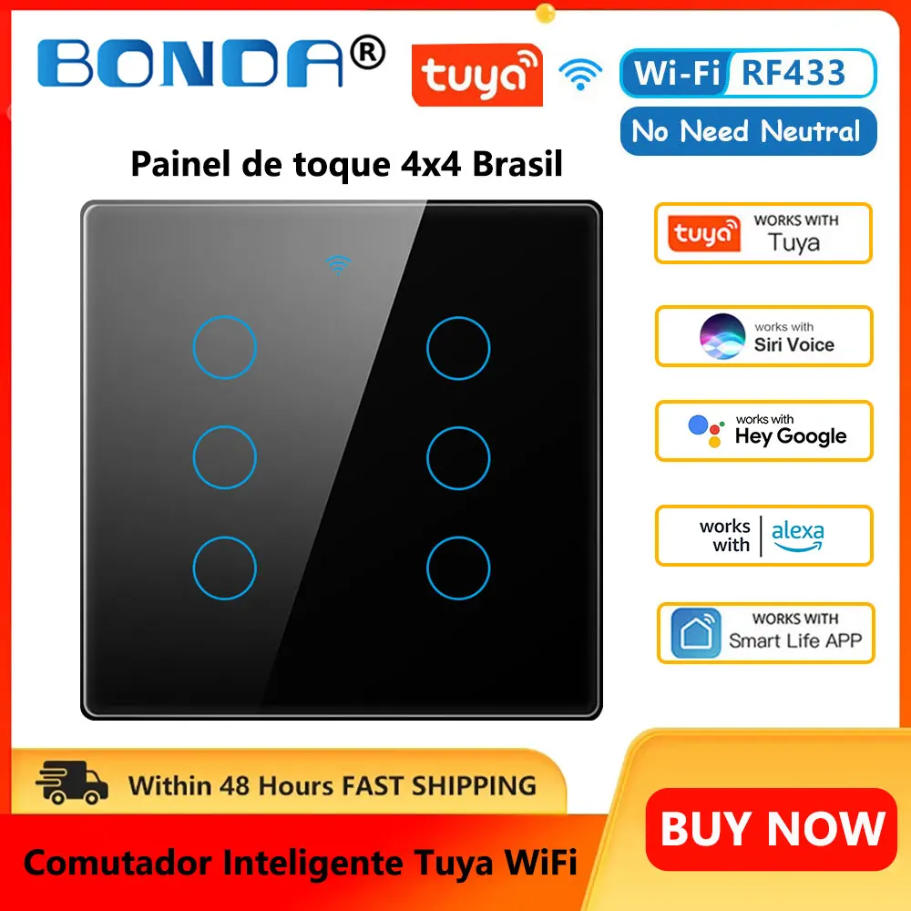 Interruptor Inteligente Alexa 4x4 Brazil Tuya WiFi Smart Switch 6
