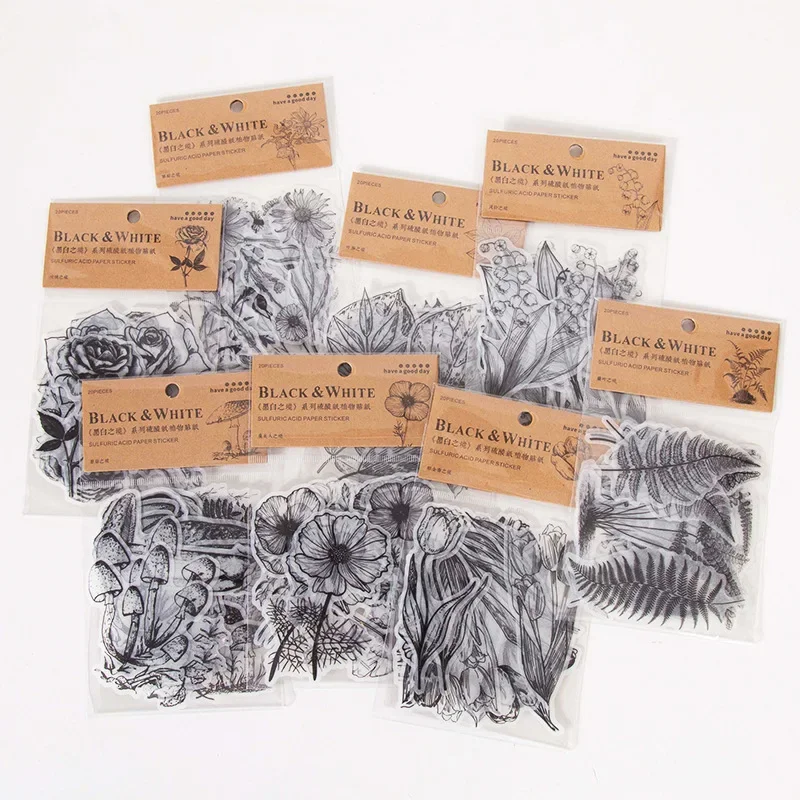 20/pcs Vintage Black White Plants Craft Stickers Junk Journal Retro Diary Album Scrapbooking Decorative Mushroom Daisy Stickers