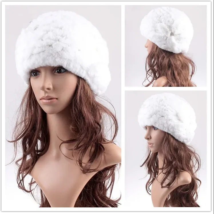 Natürliche Rex-Kaninchenfell-Strickmütze mit individuellem Blumenmuster, warme modische Pelz-Wintermütze für Damen, Herbst-Accessoire – Detail 10