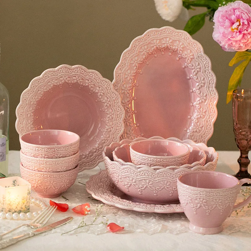 Lace Pink Retro Ceramic Dinner Plate Nordic Style Ceramic Plate Steak Pasta Plates Cake Dessert