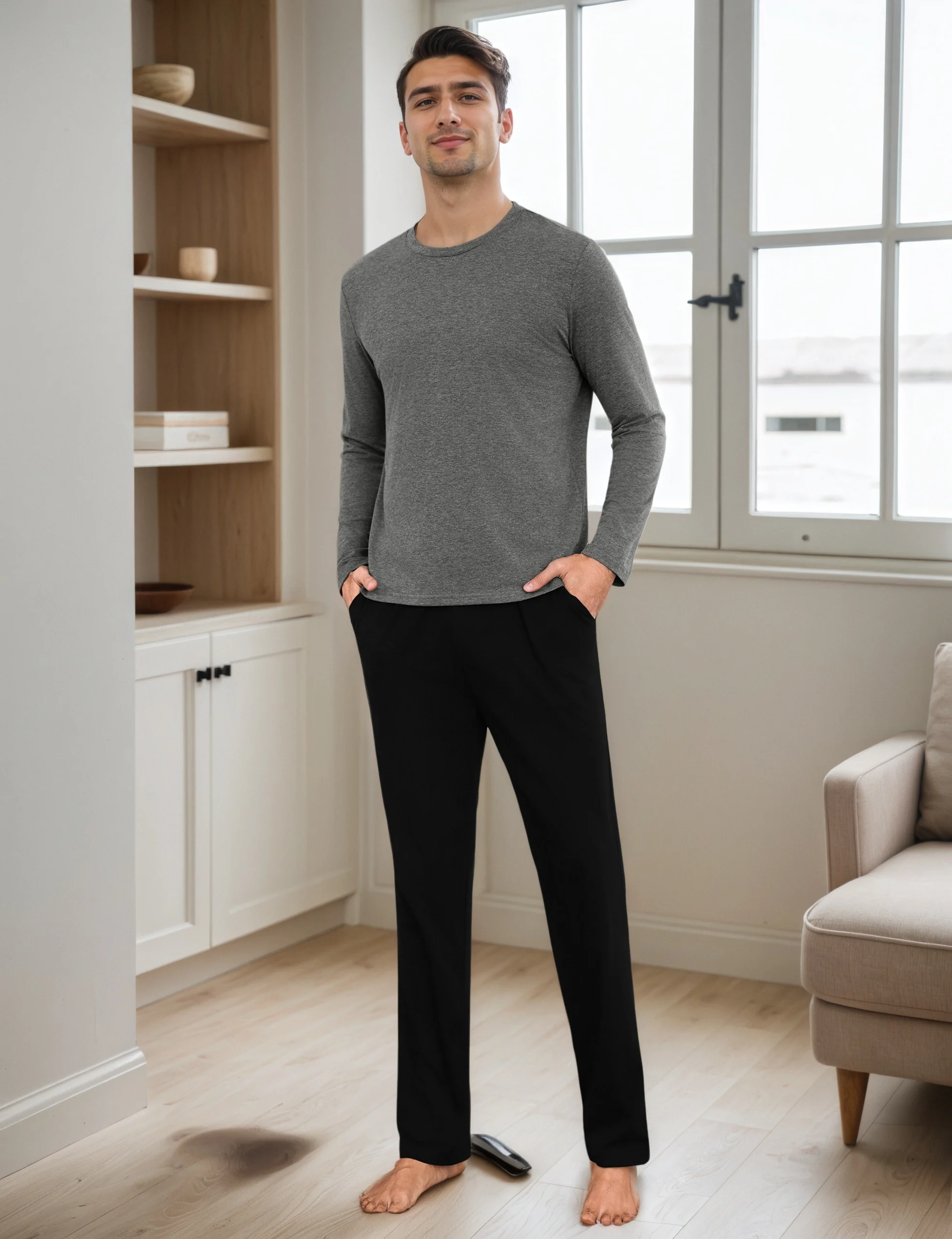 Herren Schlafanzug lang aus reiner Baumwolle, bequemes Set für Nacht und Zuhause, weiches hautfreundliches Gewebe, atmungsaktiv und angenehm, klassisches zeitloses Design, verschiedene Größen – Detail 4