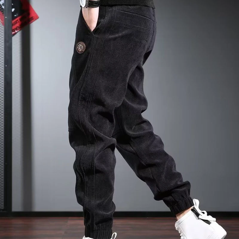 spring autumn new Solid color fashion Elastic waist sweatpants man High street Casual lacing Pockets corduroy All-match trousers