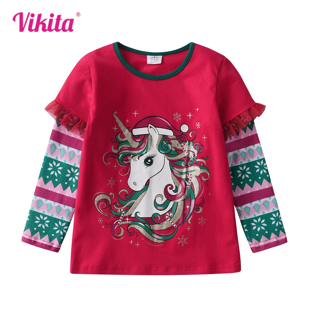 Фото VIKITA/подарок на Новый год и Рождество для девочек, футболка Детские Топы И Футболки с рисунком единорога, хлопковые повседневные футболки со снежинками для девочек №1