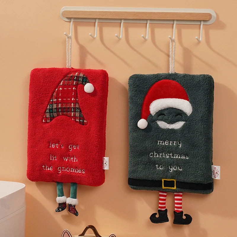 Description Picture 6 of itemChristmas Hand Towel Cute Santa Claus Shape Hanging Hand Towels Absorbent Coral Velvet Handkerchief Xmas Bathroom Decor