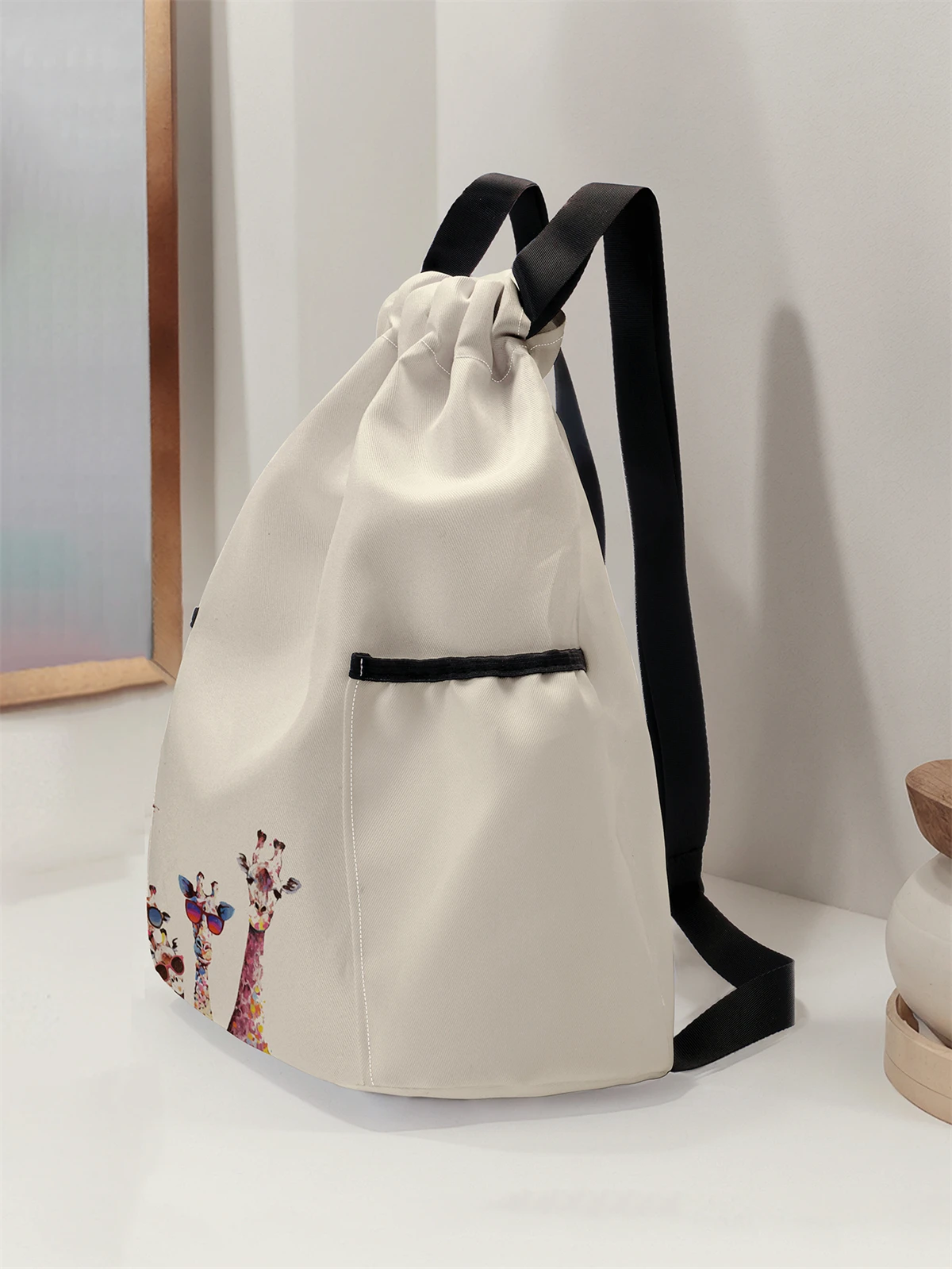 Giraffe Pattern Printed Drawstring Backpack - Large Capacity Durable Fitness Bag, Sports Beach Backpack