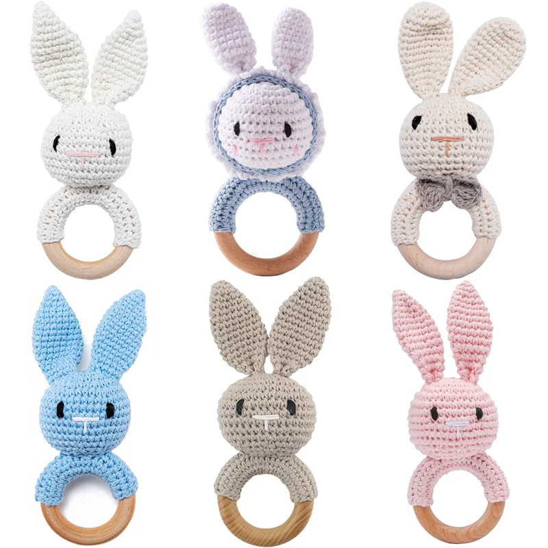 Crochet Toy Animal Bunny Rattle Wooden Teether Ring Soother Bracelet Baby Mobile Pram Crib Toys 1PC teething toys