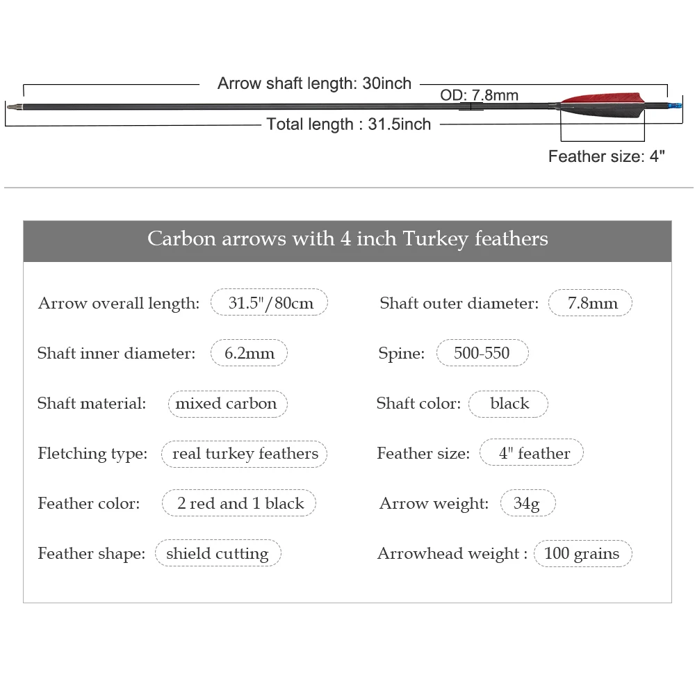 Archery Arrows 31.5inch Carbon with Natural Feather Spine 500 ID 6.2mm for Outdoor Archery Hunting