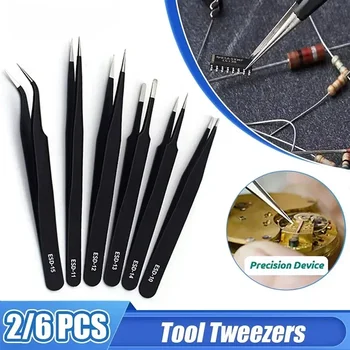 Set di 6 Pinzette Antistatiche in Acciaio Inossidabile, Diritte e Curve, Kit di Precisione per Riparazioni Elettroniche e Smontaggio, Colore Nero
