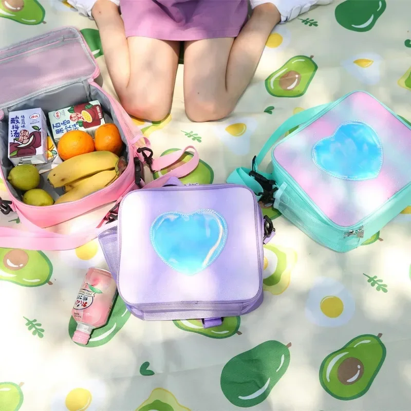 Lunch Bag Rainbow Loving Heart Laser Portable Large Bento Pouch for Children Girl Thermal Insulated Cooler Shoulder Picnic Box 3