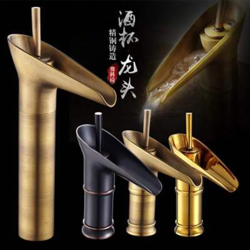 

Wine Glass style Single Lever waterfall Bathroom Basin Faucet Brass Antique Hot and Cold bathroom Sink Mixer Taps