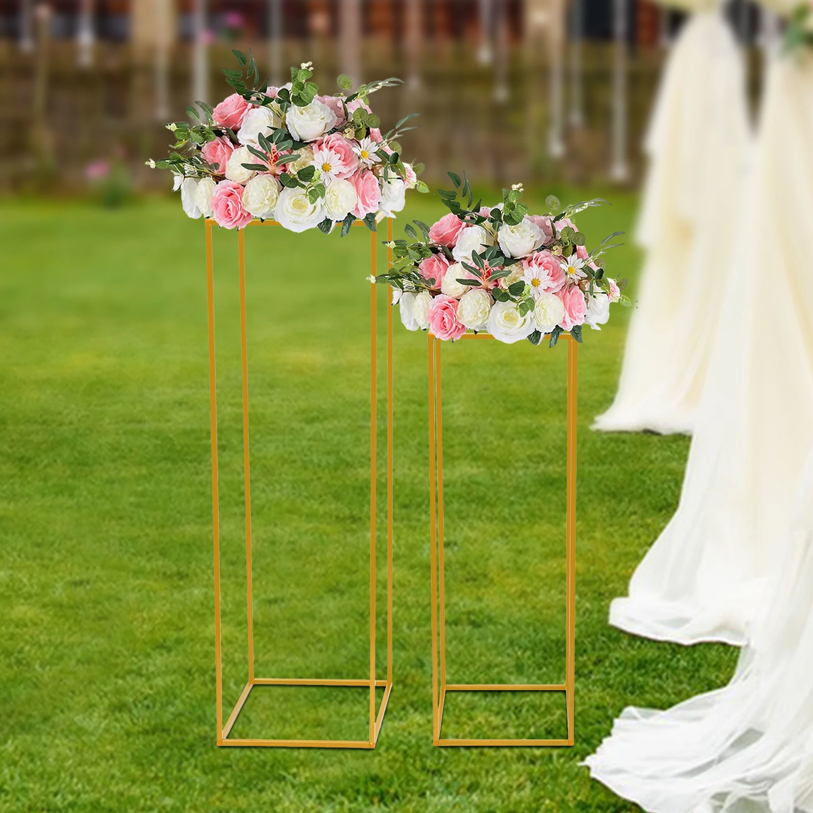 2 Pcs Metal Flower Floor Vase Column Flower Stand 80cm/31.5in +100cm/39.37in Tall Gold Holder for Wedding Supply