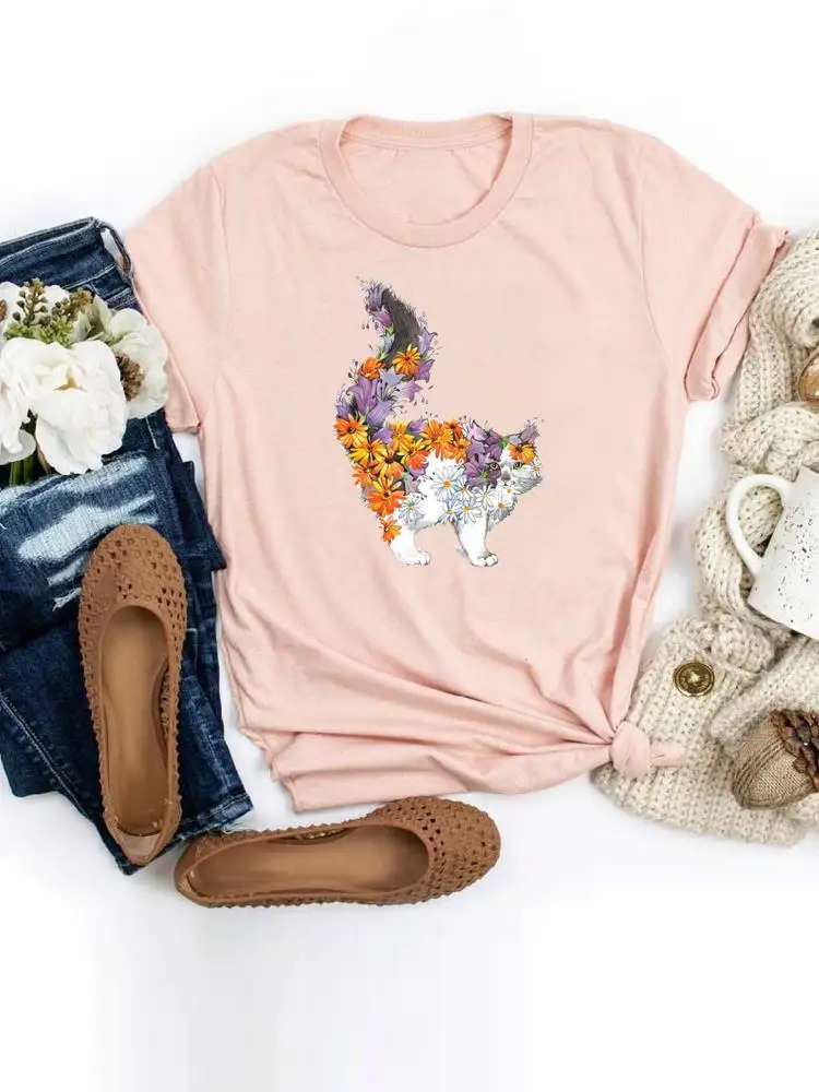 

Cat Lovely Flower Sweet Short Sleeve T Top T-shirts Women Tee Print Summer Cartoon Shirt Female Graphic Fashion Clothing