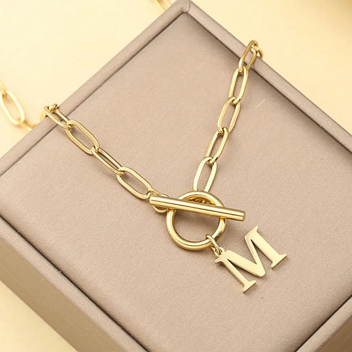 English Letter Initial Necklace 18K Gold Plated Stainless Steel OT Clasp Paper Clip Chain Necklace for Women