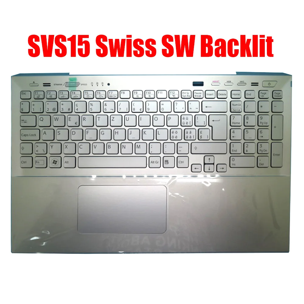 

Laptop Palmrest For SONY SVS15 Silver With Touchpad Backlit Swiss SW Keyboard With Fingerprint Hole New