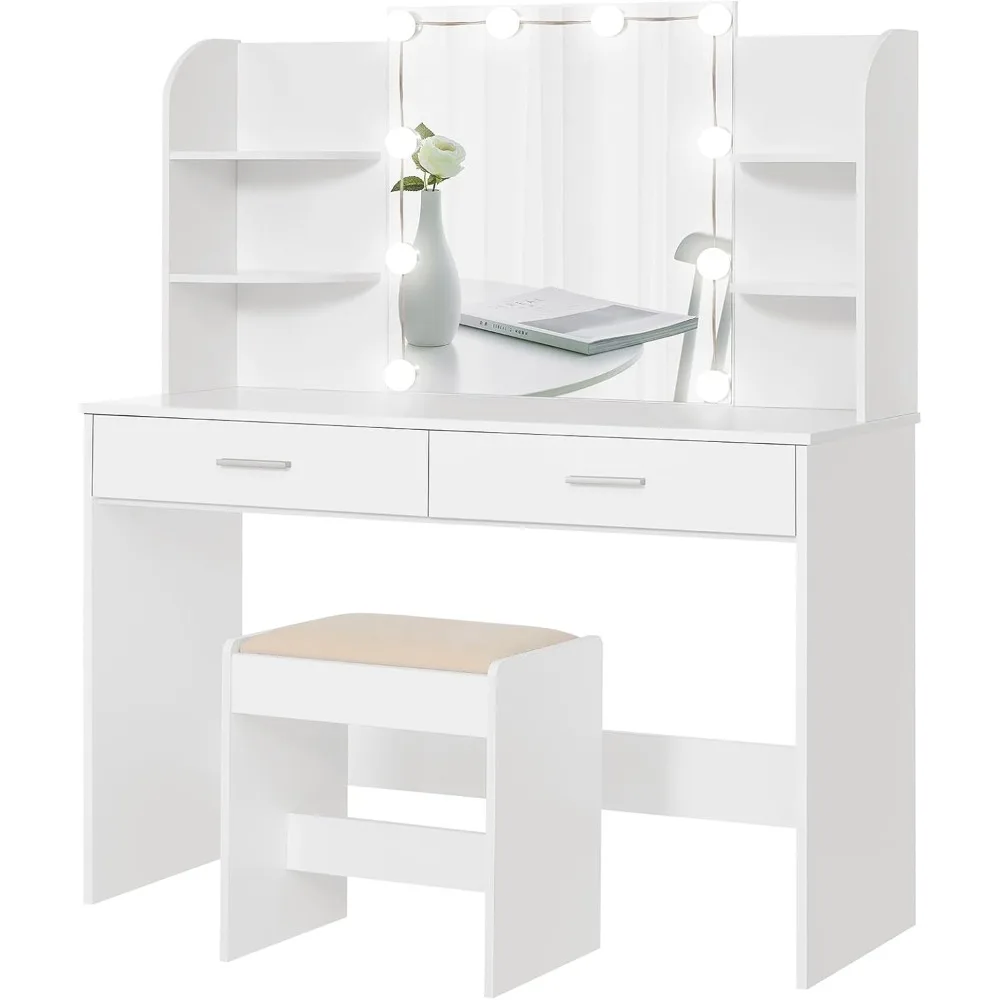 

usikey Makeup Vanity with Mirror and 10 LED Lights, Vanity Makeup Table Set with 2 Drawers and Open Shelves, Makeup Vanity Desk
