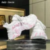 First Cowhide Leather Ink Splash Thick Sole Sneakers 2025 Fashion Size 34-39 Front Lace Up Shoes Sheepskin Sole 8cm Heel Shoes